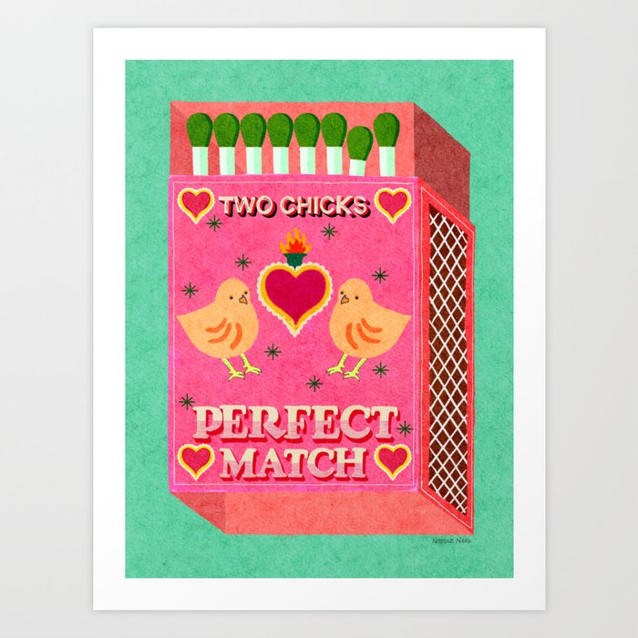 2 Chicks Perfect Match Vintage Matchbox Pink & Mint Palette Art Print