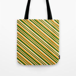 [ Thumbnail: Dark Orange, Dark Green & Bisque Colored Lines Pattern Tote Bag ]