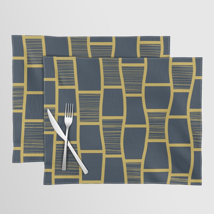 Abstract Funky Squares Pattern Navy Blue and Mustard Yellow Placemat