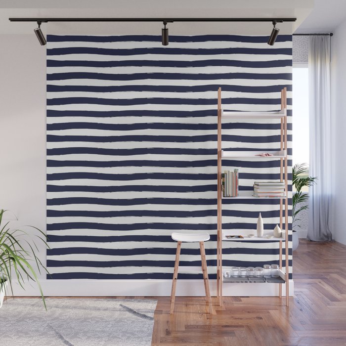 Navy Blue And White Horizontal Stripes Wall Mural By Seafoam12