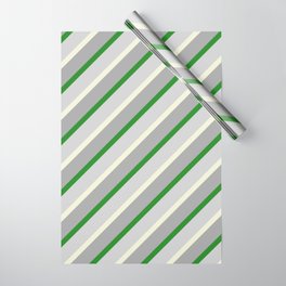 [ Thumbnail: Forest Green, Light Gray, Beige, and Dark Gray Colored Lined/Striped Pattern Wrapping Paper ]