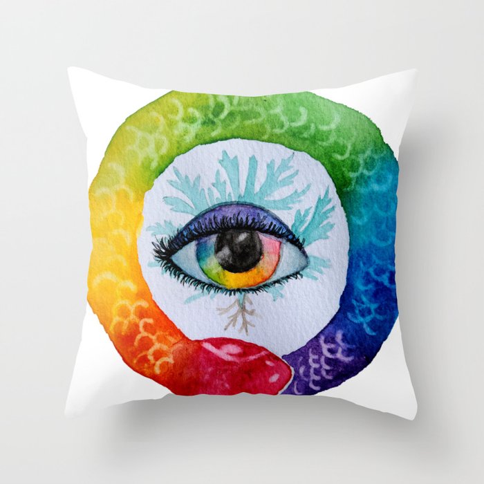 Rainbow Oroboros, Snake, Eye, Mugwort, Watercolor Art Throw Pillow
