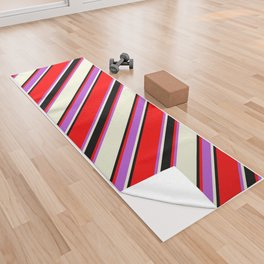 [ Thumbnail: Beige, Orchid, Red & Black Colored Striped/Lined Pattern Yoga Towel ]