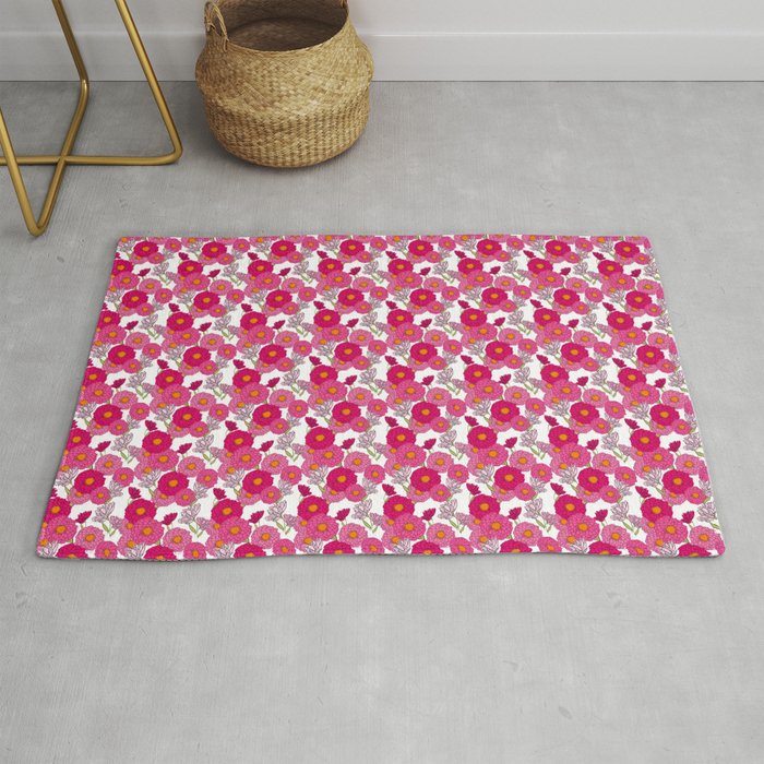 Retro Mid-Century Modern Mums Pink And White Floral Mini Rug