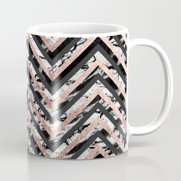 Black and White Marble and Rose Gold Chevron Zigzag Coffee Mug