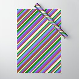 [ Thumbnail: Colorful Cornflower Blue, Dark Orchid, Brown, Beige & Green Colored Lined/Striped Pattern Wrapping Paper ]