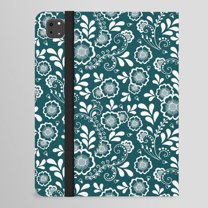 Teal Blue And White Eastern Floral Pattern iPad Folio Case