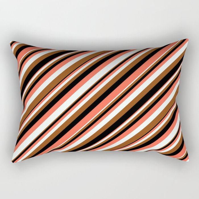 Red, Mint Cream, Brown, and Black Colored Striped/Lined Pattern Rectangular Pillow