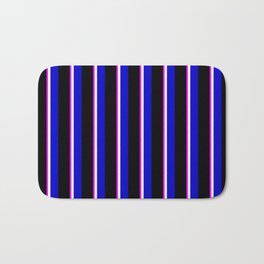 [ Thumbnail: Fuchsia, White, Blue, and Black Colored Lines Pattern Bath Mat ]