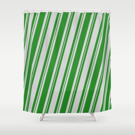 [ Thumbnail: Forest Green and Light Gray Colored Stripes Pattern Shower Curtain ]