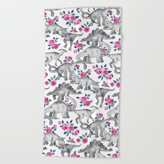 Dinosaurs and Roses - white Beach Towel
