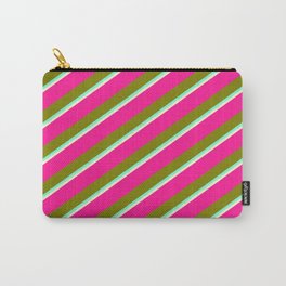 [ Thumbnail: Deep Pink, Green, Aquamarine, and Light Yellow Colored Lined/Striped Pattern Carry-All Pouch ]