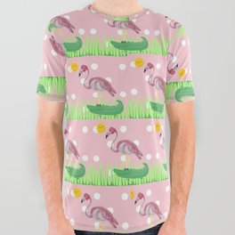 Pink Flamingo Alligator Quilt pattern  All Over Graphic Tee