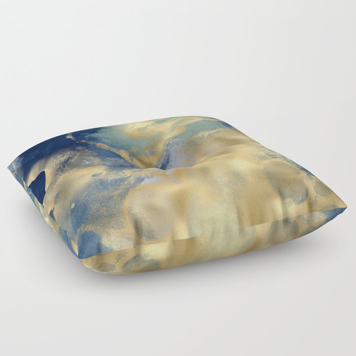 Blue and Gold Textured Abstract Marble Art Print Floor Pillow