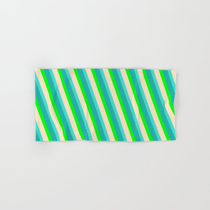 Turquoise, Light Sea Green, Lime & Bisque Colored Stripes/Lines Pattern Hand & Bath Towel