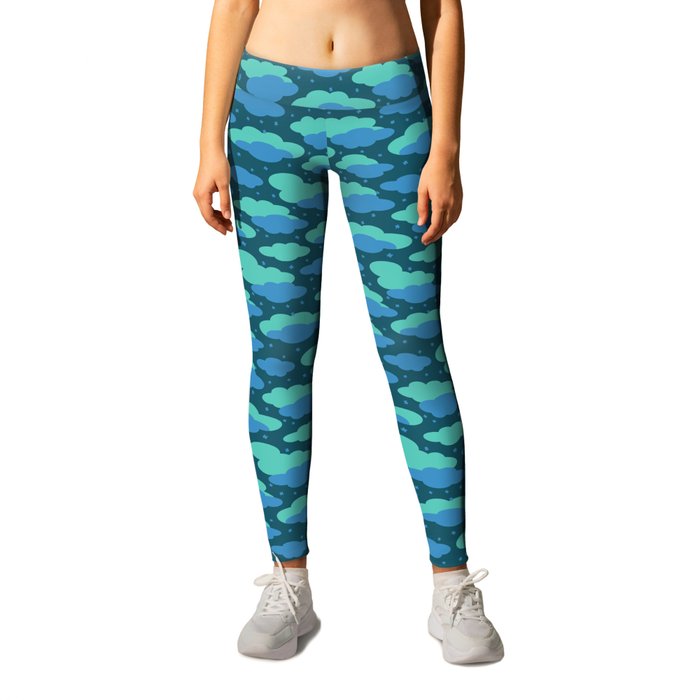 NIGHT DREAMS FLUFFY BLUE AND TURQUOISE CLOUDS IN A NAVY SKY WITH STARS Leggings