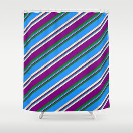 [ Thumbnail: Blue, Pale Goldenrod, Purple & Green Colored Lined/Striped Pattern Shower Curtain ]