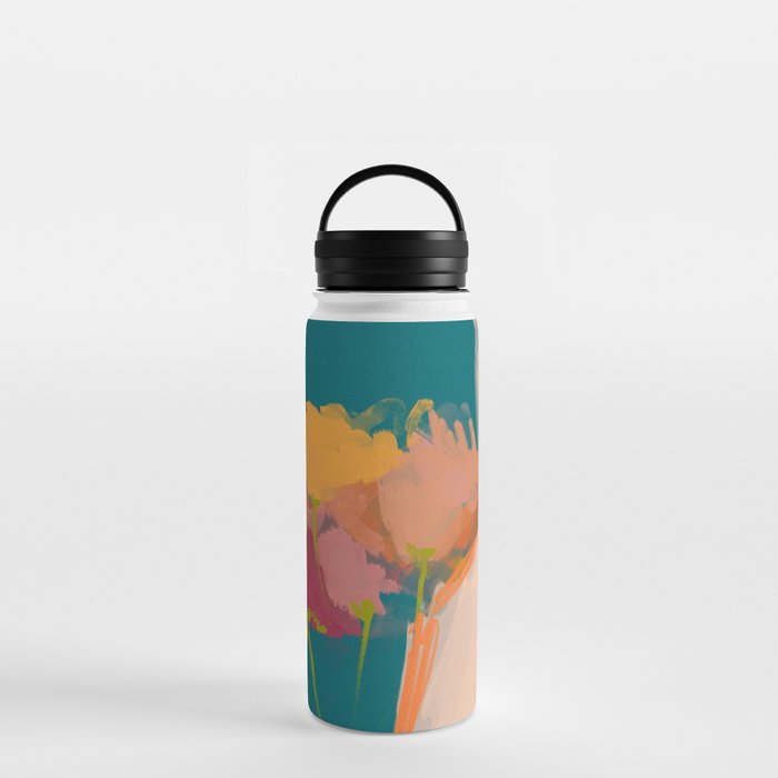 Colorful Messy Flowers On Teal Water Bottle | Painting, Digital, Handmade, Mhn, Springtime, Pastel-colors, Floral, Abstract, Minimalism, Teal