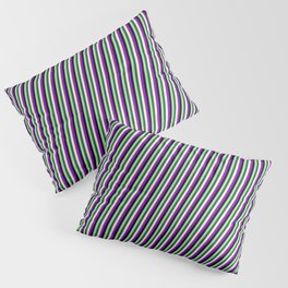 [ Thumbnail: Black, Light Green, Dark Slate Gray, Light Yellow, and Dark Violet Colored Lined/Striped Pattern Pillow Sham ]