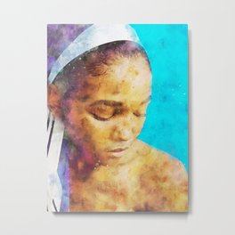 Woman Wearing White And Black Headscarf Metal Print | Painting, Beauty, Face, Black, Ebonygirl, Blacklady, Watercolor, Blackgirl, Skincare, Blackwoman 