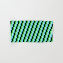 [ Thumbnail: Turquoise, Black, Lime Green, and Light Blue Colored Lines/Stripes Pattern Hand & Bath Towel ]