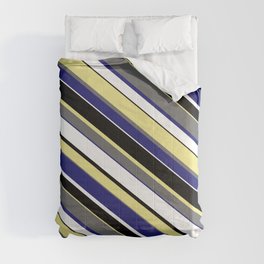 [ Thumbnail: Eye-catching Tan, Dim Gray, Midnight Blue, White, and Black Colored Pattern of Stripes Comforter ]
