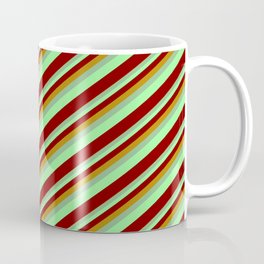 [ Thumbnail: Dark Goldenrod, Dark Sea Green, Green & Maroon Colored Lined Pattern Coffee Mug ]