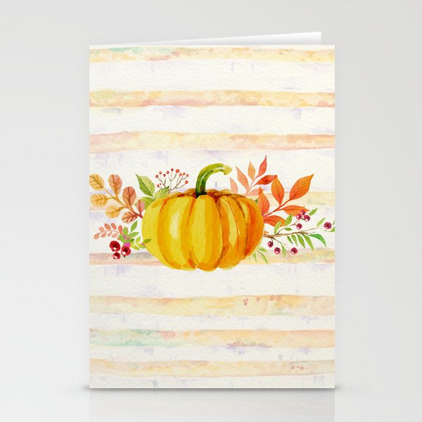 Pumpkin in Watercolor with Striped Background Stationery Cards