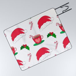 Festive Christmas Seamless Pattern with Hot Chocolate Mug, Sweet Candy, Santa Hat Picnic Blanket