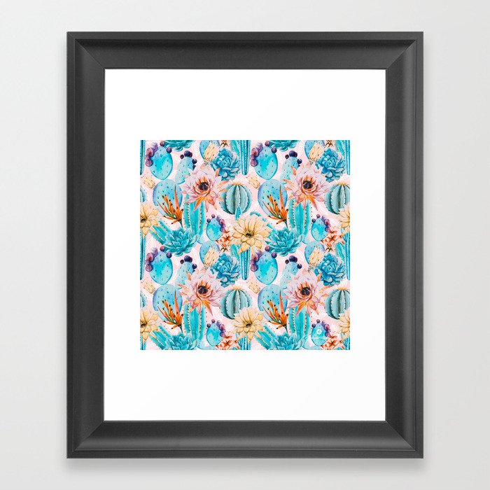 Cactus and flowers pattern Framed Art Print