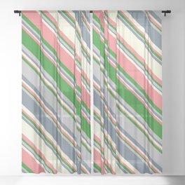 [ Thumbnail: Eye-catching Beige, Light Coral, Forest Green, Grey, and Slate Gray Colored Lined/Striped Pattern Sheer Curtain ]
