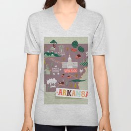 Illustrated map of Arkansas, USA. Travel and attractions V Neck T Shirt