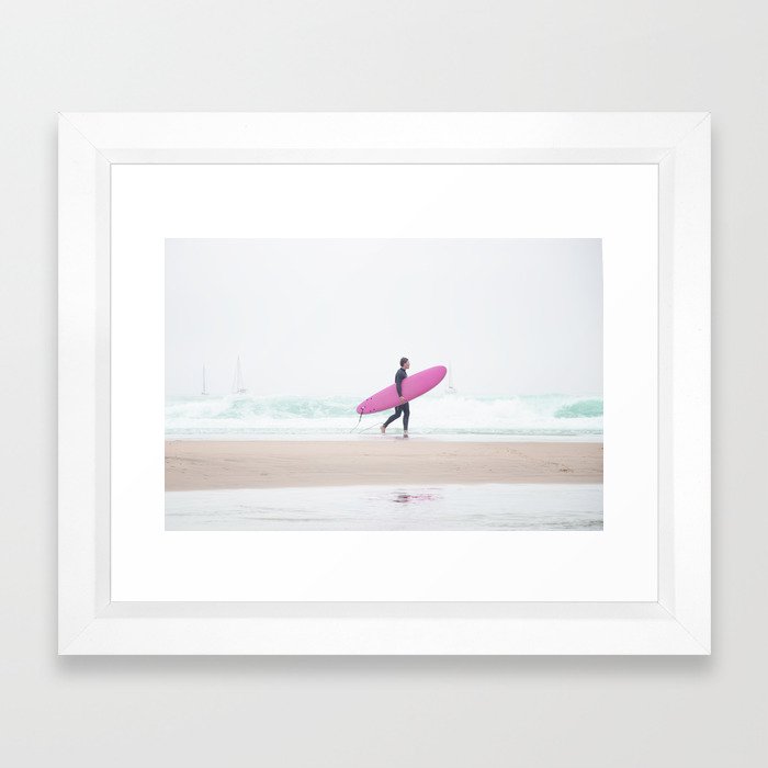 Surfing Beach Vibes - Pink Surf Board - Ocean Print - Sea Travel photography by Ingrid Beddoes Framed Art Print