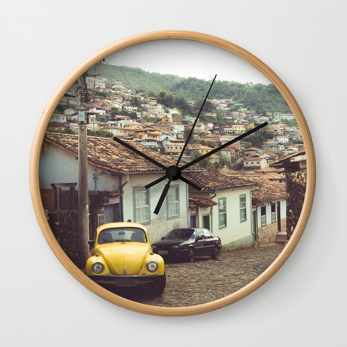 Brazil Photography - Old Street With An Old Yellow Car Wall Clock