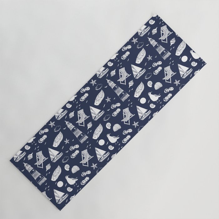 Navy Blue And White Summer Beach Elements Pattern Yoga Mat