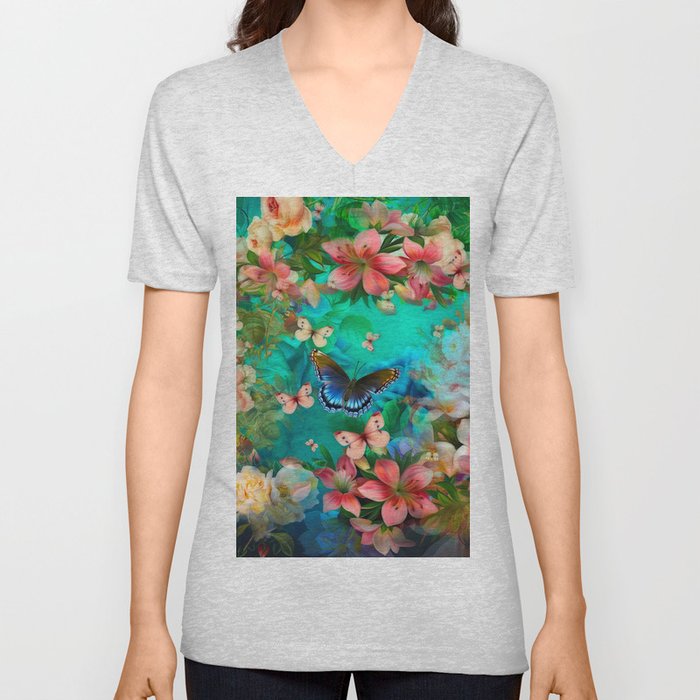 Butterfly in colorful floral garden bohemian fantasy V Neck T Shirt