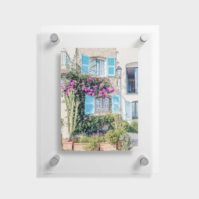 French Riviera Poster, Antibes City France Cote D'azur Art Print, Spring Blue Turquoise French House Fine Art Print, Provence Pink Flowers France Printable Art Floating Acrylic Print