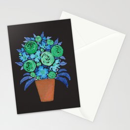 Modern Watercolor Flower Pot - Blue & Green - Black Background Stationery Card