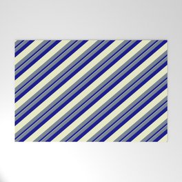 [ Thumbnail: Slate Gray, Dark Blue & Light Yellow Colored Lined Pattern Welcome Mat ]