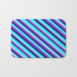 [ Thumbnail: Midnight Blue, Aqua, Light Blue, and Purple Colored Lined/Striped Pattern Bath Mat ]