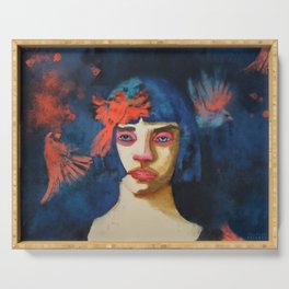 Birds - expressive portrait of a woman Serving Tray