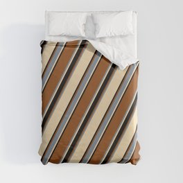 [ Thumbnail: Brown, Light Slate Gray, Tan, and Black Colored Lined/Striped Pattern Duvet Cover ]
