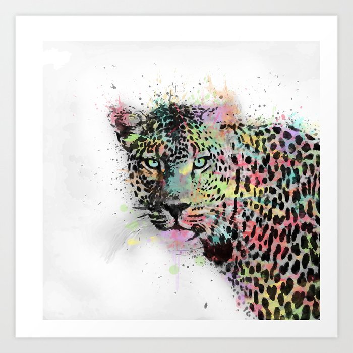 Cool leopard animal watercolor splatters abstract paint Art Print