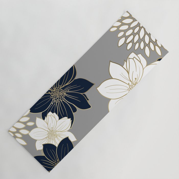 Floral Garden, White, Navy, Grey Yoga Mat