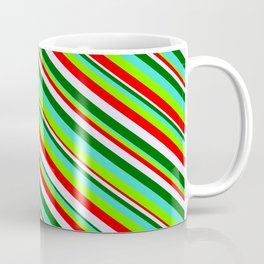 [ Thumbnail: Vibrant Turquoise, Green, Red, Lavender & Dark Green Colored Lined/Striped Pattern Coffee Mug ]