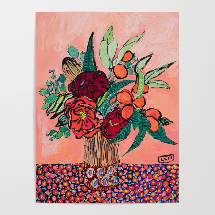 Peony, Banksia, and Citrus Bouquet on Peach Orange Background Painting with Liberty Print Floral Tablecloth Poster