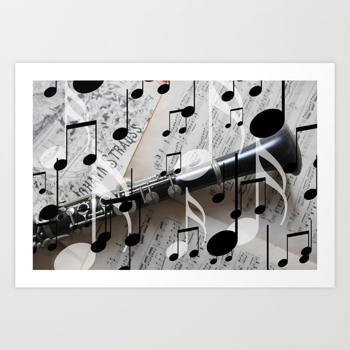 music notes white black clarinet Art Print