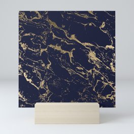 Modern luxury chic navy blue gold marble pattern Mini Art Print