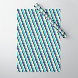 [ Thumbnail: Beige, Turquoise & Dark Slate Blue Colored Lined Pattern Wrapping Paper ]
