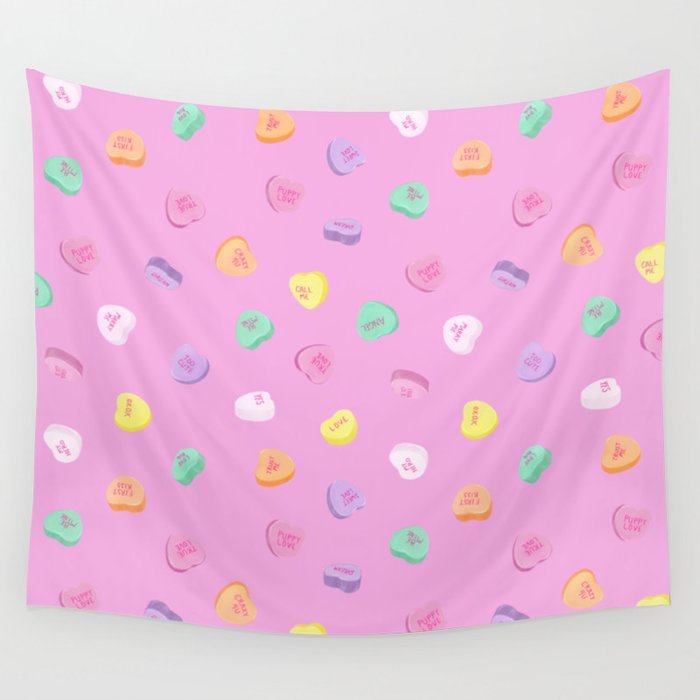 Valentines Day Candy Hearts Pattern - Pink Wall Tapestry